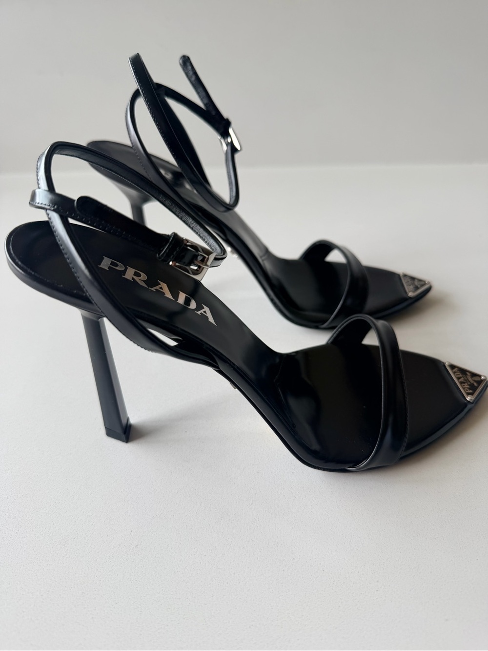 Prada Black Pointed-Toe Leather Ankle-Strap Heels - Picture 2 of 7
